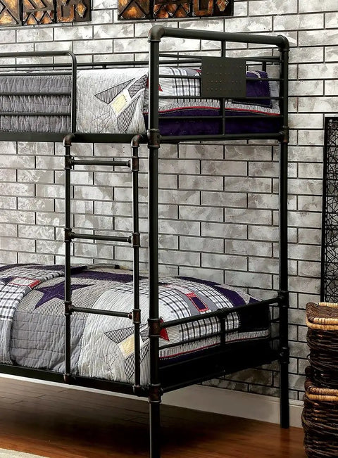 Twin Over Twin Metal Bunk Bed With Attached Ladder Full Pipe Frame Upper Guard Rails Antique Black Finish Built Tough For Boys And Girls Ideal Space Saving Loft Bed in a bedroom setting.