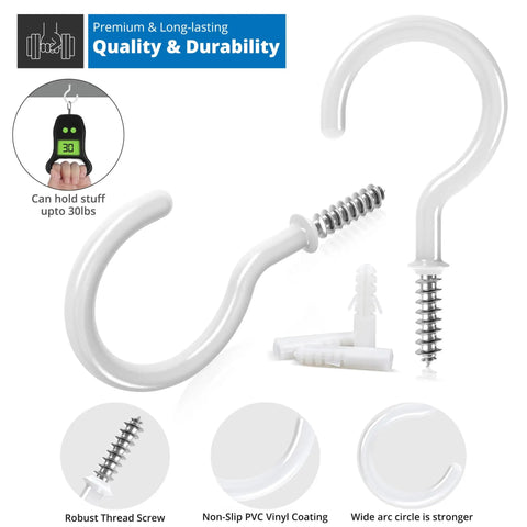 Heavy Duty Ceiling Hooks Set Of 12 2.9 Inch Vinyl Coated Hooks For Hanging Plants Cups And Lights With Screw Plugs White Durable Indoor Outdoor Rust Resistant Easy Install, two vinyl coated hooks with screws and plugs showcasing design and features