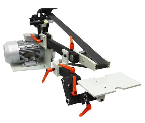 Professional Variable Speed Belt Sander With 72 Inch Abrasive Belts And Extra Grinding Discs For Killer Knife Sharpening And Slick Metal Polish 220V Benchtop Grinder showing motor and adjustable arm.