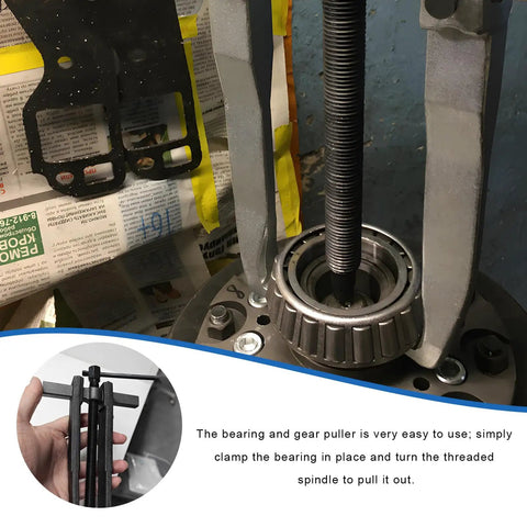 Two Jaws Bearing Puller 8 Inch Adjustable Steel Removal Tool tightly gripping a bearing in automotive gear work.