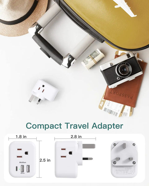2 Pack US To UK Ireland Travel Plug Adapter Type G Power Outlet With 3 US Outlets And 3 USB Ports 6 In 1 UK Travel Charger next to travel items