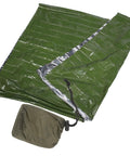 Green Emergency Blanket Set With Green Aluminum Thermal Rescue Blanket And A Carry Bag For Camping And Hiking Survival