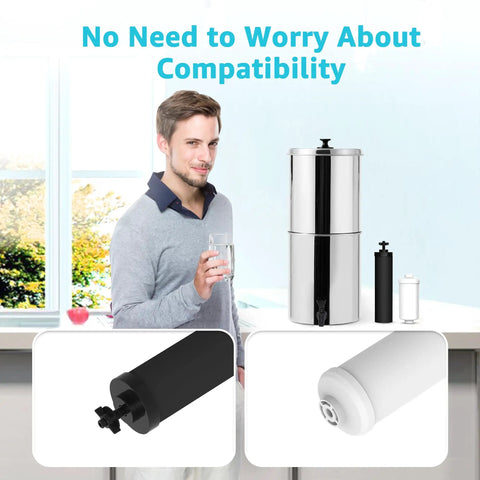 Man with glass of water near gravity-fed filtration system using Outdoor-Ready Black Water Filter Replacement For Berkey And Purewell Systems