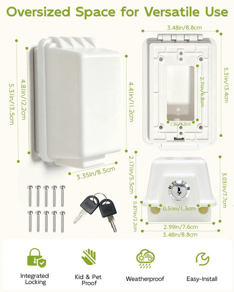 Lockable Waterproof Outdoor Electrical Outlet Cover Box With Key And Drip Proof Weather Shielding For Standard Sockets, White dimensions shown.