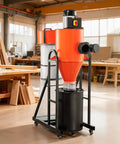 VEVOR 1.5HP Cyclone Dust Collector, 763 CFM High Suction Power With 12.5 Gallon Bag And Base Stand in workshop setting.
