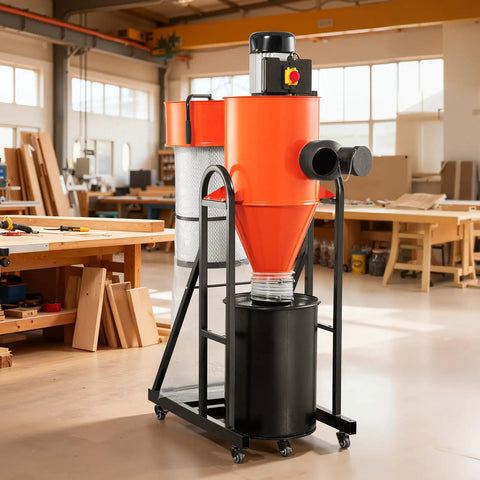 VEVOR 1.5HP Cyclone Dust Collector, 763 CFM High Suction Power With 12.5 Gallon Bag And Base Stand in workshop setting.