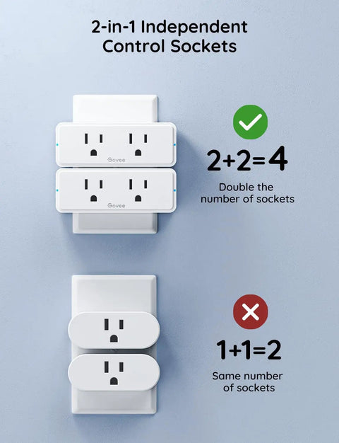 Dual Smart Plug 4 Pack With WiFi Bluetooth Outlet, 15A, 2-in-1 design showing doubled sockets on wall outlet.