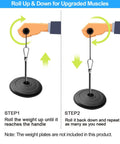 Diagram of using Grip Gains Forearm Wrist Roller Exerciser For Strength Training And Rehab At Home Or Gym Builds Hand Strength And Forearm Power While Boosting Wrist Flexibility, showing weights being rolled up and down.