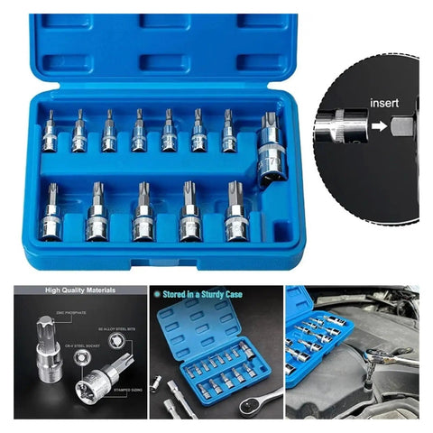 Heavy Duty 13PC Torx Star Bit Socket Set With T8 To T70 Drive Sizes For 1/4 3/8 And 1/2 Inch Impact Tools Rustproof Chrome Vanadium Steel in blue case
