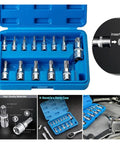 Must-Have 13 Pc Torx Star Bit Socket Set Forged From Chrome Vanadium Steel T8 To T70 Sizes With 1 4 3 8 And 1 2 Inch Drives For Heavy Duty Home Tool Kits That Crushes Rusted Tight Bolts Easy Like A Hot Knife Through Butter. blue case with Torx sockets T8 to T70