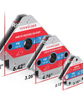 Premium Heavy Duty Welding Magnets Six Piece Set Adjustable Angle Holders With Monster Grip For 25 To 75 Pound Steel Hold Downs showing sizes and max weight capacity.