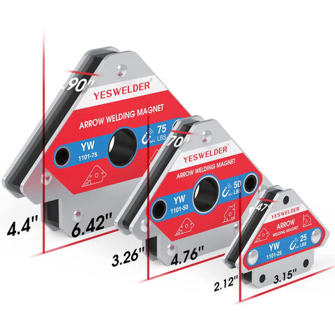 Premium Heavy Duty Welding Magnets Six Piece Set Adjustable Angle Holders With Monster Grip For 25 To 75 Pound Steel Hold Downs showing sizes and max weight capacity.