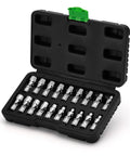 One Quarter Inch Drive Universal Joint Socket Set With Swivel Heads Six Point SAE Three Sixteenths To Nine Sixteenths Inch And Metric Five To Fifteen Millimeter CR-V Steel Flex Sockets For Easy Access In Tight Spaces, open case