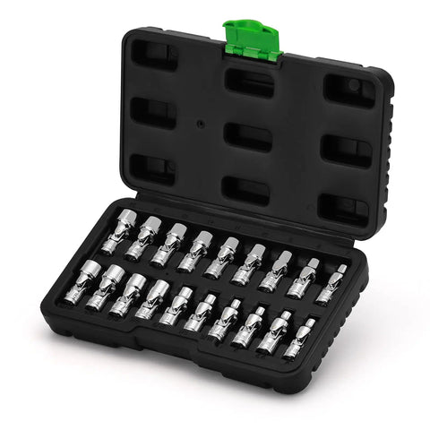 One Quarter Inch Drive Universal Joint Socket Set With Swivel Heads Six Point SAE Three Sixteenths To Nine Sixteenths Inch And Metric Five To Fifteen Millimeter CR-V Steel Flex Sockets For Easy Access In Tight Spaces, open case