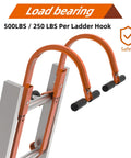 Two Pack Roof Ladder Hooks With Wheel Stabilizers, Steel Support, Load Bearing 500 Lb Rating, Rubber Grip T-Bar, Patent Design