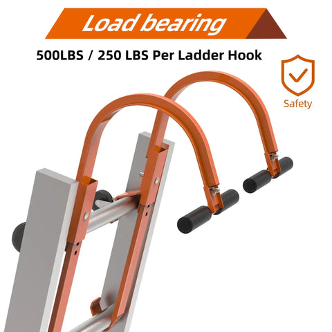 Two Pack Roof Ladder Hooks With Wheel Stabilizers, Steel Support, Load Bearing 500 Lb Rating, Rubber Grip T-Bar, Patent Design