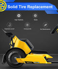 Yellow gokart with Two Pack 10-2.75 Inch Solid Tires With Quick Release Drift Style replacing rear, showcasing tire features.