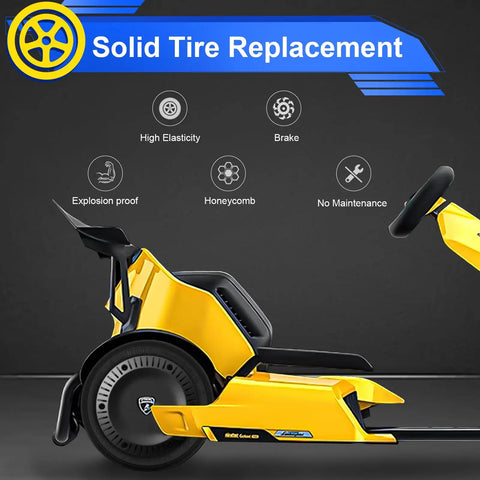 Yellow gokart with Two Pack 10-2.75 Inch Solid Tires With Quick Release Drift Style replacing rear, showcasing tire features.
