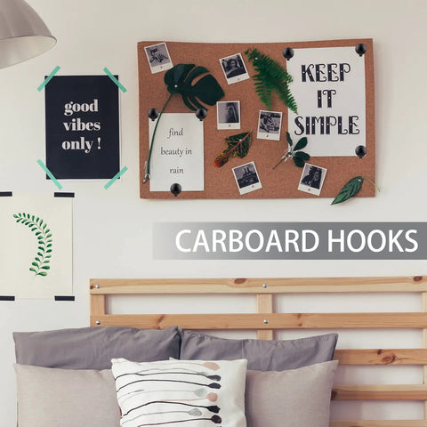 Go To 20 Piece Metal Hook Set For Fabric Panel Cubicles And Walls holding pictures and decor on corkboard in home setting