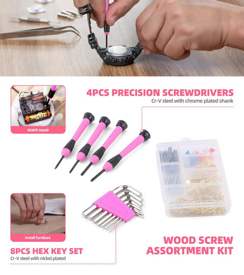 Pink 136 Piece Cordless Tool Set With 3.6V USB Electric Screwdriver featuring precision screwdrivers and wood screw kit