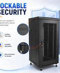 Badass Heavy Duty 18U Server Rack Cabinet With Smooth Rolling Locking Wheels And Adjustable Depth For 19 Inch Network Gear And Tight Cable Setup, showcasing lockable security features.