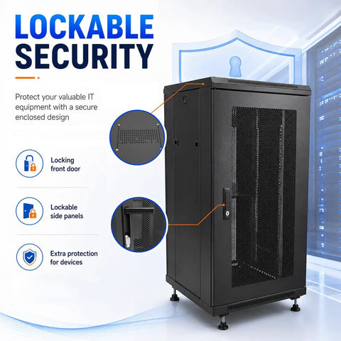 Badass Heavy Duty 18U Server Rack Cabinet With Smooth Rolling Locking Wheels And Adjustable Depth For 19 Inch Network Gear And Tight Cable Setup, showcasing lockable security features.