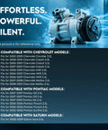 Premium AC Compressor With Clutch For Chevrolet Malibu And HHR 2 4L Auto Air Conditioning Replacement Quick Swap, showing features and compatibility.