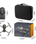 GPS Drone With Dual Cameras And A Large Four And A Half Inch Screen Transmitter packaging with carry case and product dimensions