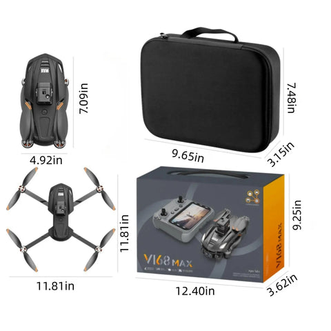GPS Drone With Dual Cameras And A Large Four And A Half Inch Screen Transmitter packaging with carry case and product dimensions