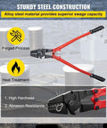 24 Inch Heavy Duty Hand Swager Crimper Tool With Four Dies shown over a dock background highlighting sturdy steel construction.