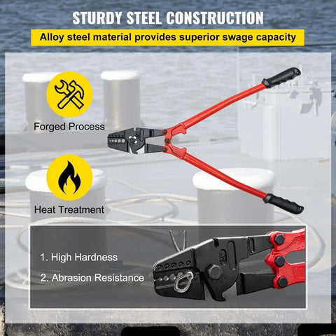 24 Inch Heavy Duty Hand Swager Crimper Tool With Four Dies shown over a dock background highlighting sturdy steel construction.