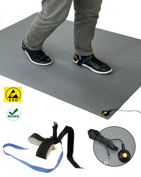 ESD Antistatic Floor Mat With Grounding Cable And Heel Strap For Electronics Builds, 3 By 5 Foot, Grey Speckled