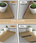 Rock Solid Hidden Floating Shelf Brackets 8 Pack Black Heavy Duty Metal Wall Mounts visible gap comparison on shelves.