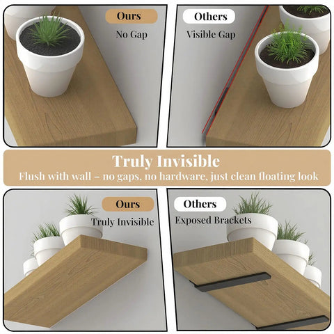 Rock Solid Hidden Floating Shelf Brackets 8 Pack Black Heavy Duty Metal Wall Mounts visible gap comparison on shelves.