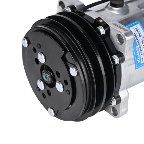 Close-up of Heavy Duty Universal AC Compressor With Clutch Included for quick car cooling fixes, featuring durable cast aluminum housing.