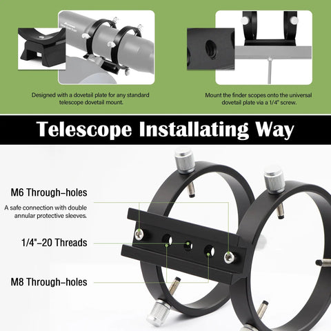 Adjustable Guiding Scope Ring Set With Plate, 90mm Inner Diameter, Pair, showing M6 and M8 through-holes and 1/4"-20 threads