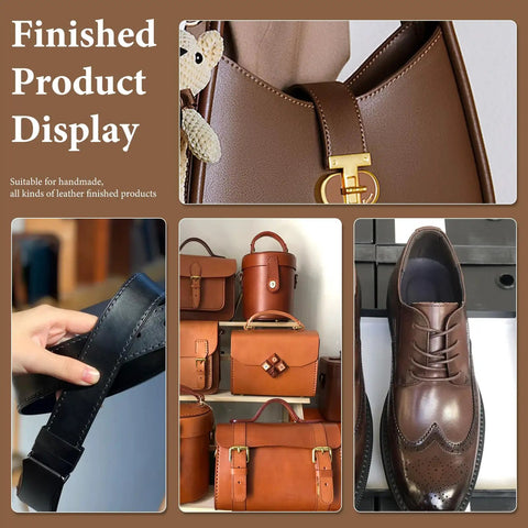 Collage of finished leather products including handbags, belts, and shoes displayed against a leather goods backdrop.