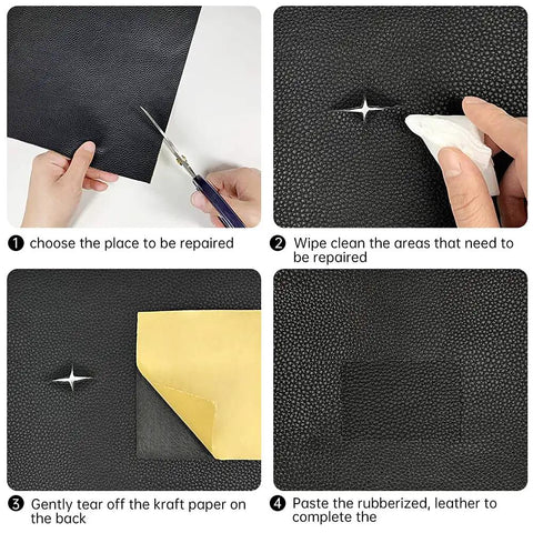 Step-by-step guide for using Top Shelf Black Leather Repair Tape on damaged leather surfaces.