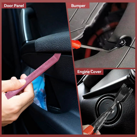 Using 2080Piece Auto Retainer Clips Kit With Fastener Pliers on door panel, bumper, engine cover in 3 images.