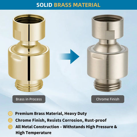 All Metal Shower Head Swivel Ball Joint Adapter For Solid Brass Adjustable Shower Arm Connector And Extension, Universal Showerhead Connector, Brushed Nickel Finish, No Leak Design, Heavy Duty, Leak-Free Performance, solid brass and chrome finish