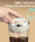 Close-up of Big Capacity Airtight Coffee Bean Storage Jar With Date Tracker featuring a one-way valve and tracking dial.