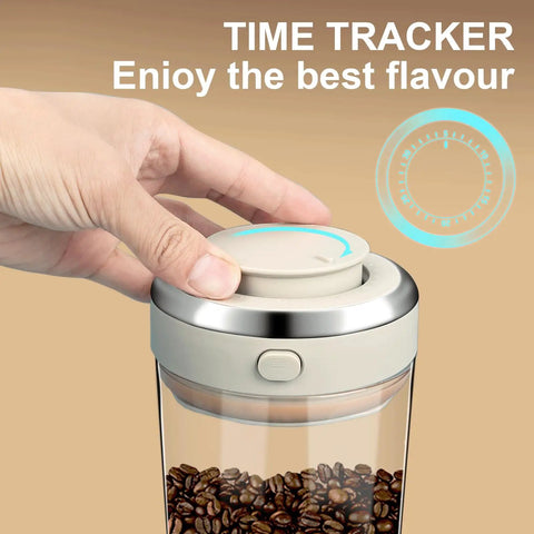 Close-up of Big Capacity Airtight Coffee Bean Storage Jar With Date Tracker featuring a one-way valve and tracking dial.