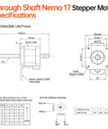 Through-shaft NEMA 17 stepper motor schematic showing dimensions and wiring.