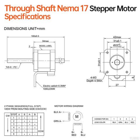 Through-shaft NEMA 17 stepper motor schematic showing dimensions and wiring.