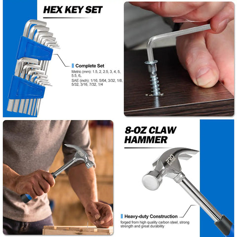179 Piece Home Tool Set with hex keys and claw hammer for household projects and garage repairs