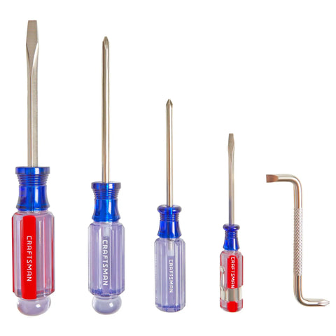 Acetate Screwdriver Set 5 Piece With Alloy Steel Blades And Satin Nickel Finish, Comfort Optimized Handles, displayed vertically