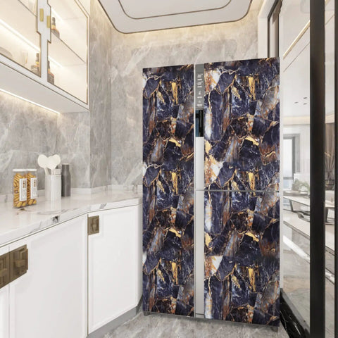 Fridge covered with Black Marble Peel And Stick Contact Paper With Gold Veins Removable Matte Finish 24 Inch By 200 Inch Roll