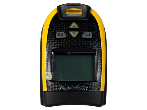 Close-up of Wireless Barcode Scanner PM9501 DHP910RB With Battery Pack, rugged design, front view of handheld device.