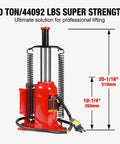 Big Red 20 Ton Air Hydraulic Bottle Jack Heavy Duty Professional Lifting Tool With Dual Power Operation Adjustable Range Plus Safety Valve For Industrial Auto Shop Use with measurements in red and silver.