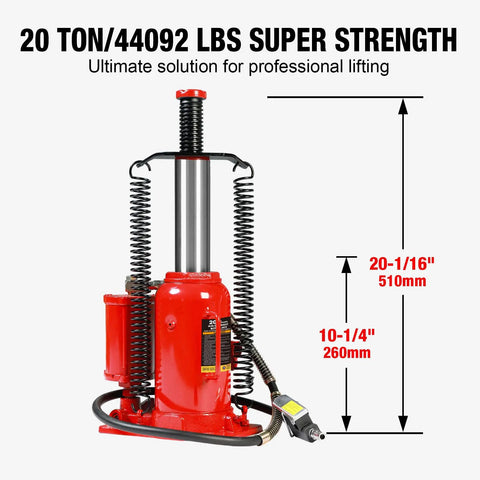 Big Red 20 Ton Air Hydraulic Bottle Jack Heavy Duty Professional Lifting Tool With Dual Power Operation Adjustable Range Plus Safety Valve For Industrial Auto Shop Use with measurements in red and silver.